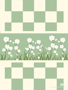 some white flowers and green grass on a checkered background