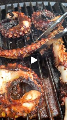 octopus rings cooking on the grill with tongs