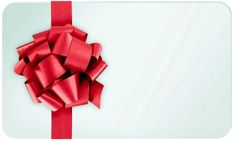 a white gift card with a red bow