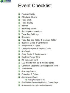 an event checklist is shown with the numbers and times to be posted on it
