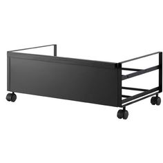 a black metal bed frame with wheels on the bottom and sides, against a white background