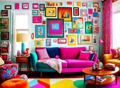 a colorful living room filled with furniture and pictures on the wall above it's coffee table