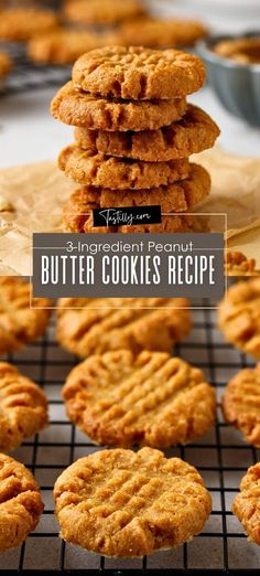 three ingredient peanut butter cookies are stacked on top of each other in front of a cooling rack