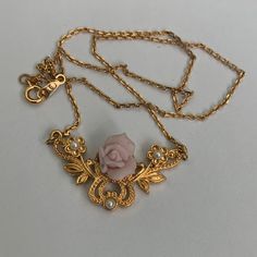 Bnwot - Dainty Ceramic Pink Rose Pendant In A Filigree Gold Setting And Accented With Faux Pearls. Reminds Me Of The 1928 Company Which Is Famous For The Revival Of The Victorian Era. Romantic And Feminine. #O18-20 Vintage Rose Necklace For Wedding, Elegant Pink Rose Necklace, Vintage Rose Design Necklaces In Rose Color, Preppy Necklaces, Mixed Chain Necklace, Red Beaded Necklaces, The Victorian Era, Green Beaded Necklace, Jewel Necklace