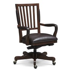 an office chair with brown leather upholstered back and arms, viewed from the front