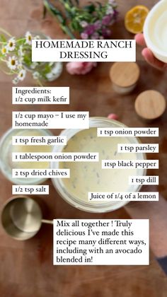 the recipe for homemade ranch dressing on a table with flowers and utensils around it