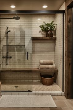 a bathroom with a shower, toilet and rugs on the floor in front of it