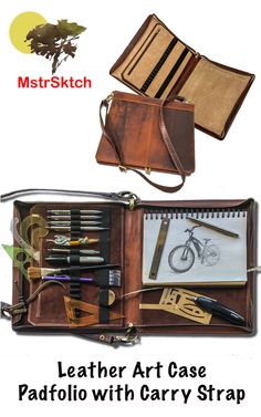 Leather art case filled with a bunch of art tools & supplies Architecture Bag, Apocalyptic Outfit, Drawing Everyday, Leather Padfolio, Travel Art Kit, Artist Bag, Art Supplies Bag, Drafting Tools, Handbag Essentials