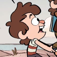 a cartoon boy is playing with another kid's hand while they both look at each other