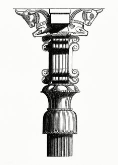 an antique drawing of a column with two birds perched on it's top, vintage line drawing or engraving