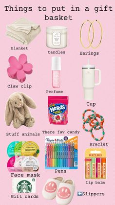 a pink poster with the words things to put in a gift basket