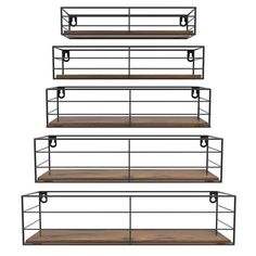 three metal shelves with wooden shelves on each side and one shelf in the middle, against a white background