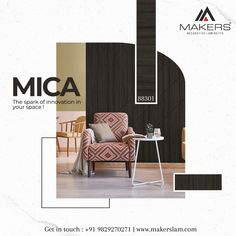 an advertisement for a new furniture store called mica, featuring a chair and table