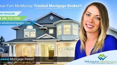 a woman standing in front of a house with the words we are for murry trusted mortgage broker