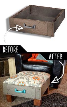 the before and after pictures of an old drawer turned into a ottoman with storage underneath