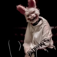 a person wearing a bunny mask sitting down