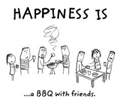 a cartoon drawing of people sitting at a table with the words happiness is bbq with friends