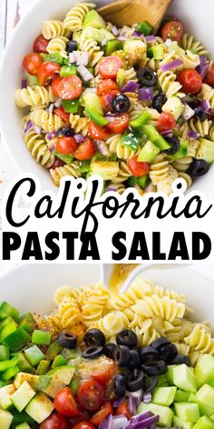 two bowls filled with pasta salad and the words california pasta salad on top are shown