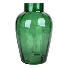 a green glass vase is shown on a white background