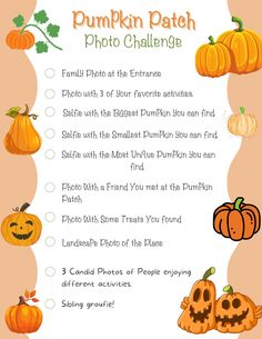 a pumpkin patch photo challenge is shown in this graphic style, with pictures of pumpkins and