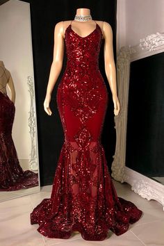 Modest Halter V-Neck Sleeveless Mermaid Prom Dress Sequins Long Burgundy Mermaid Prom Dress, Burgundy Evening Dress, Mermaid Sequin, Looks Party