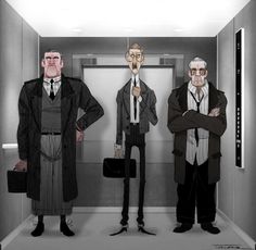 three men standing in an elevator with their hands on their hipss and one holding a briefcase