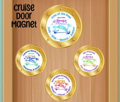 three badges on the side of a wooden door that says cruise door magnets with fish and marine animals