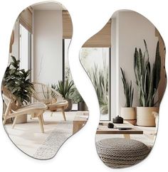 two mirrors that have plants in them and one is reflecting the other's image