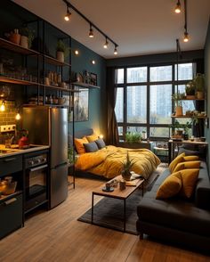 a living room filled with furniture next to a window covered in plants and potted plants