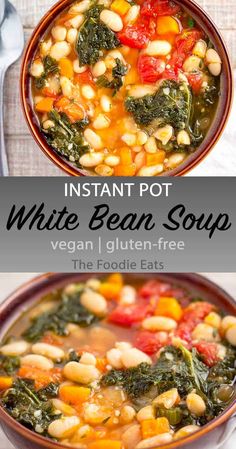 white bean soup in a bowl with spinach, tomatoes and other vegetables on the side