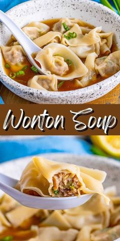 wonton soup in a white bowl with a spoon