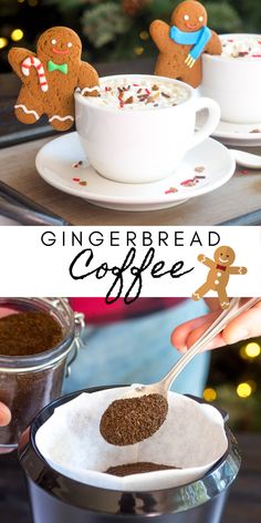 gingerbread coffee is served in a white cup and saucer with cinnamon sprinkles