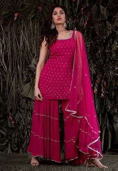 Buy Indian Party wedding wear salwar Magenta georgette sharara suit 15002 online in USA, UK and Canada from KollyBollyEthnics.com Bridal Sharara, Pink Sharara, Sangeet Outfit, Sharara Suits, Sharara Suit, Sharara Set, Salwar Kameez Designs