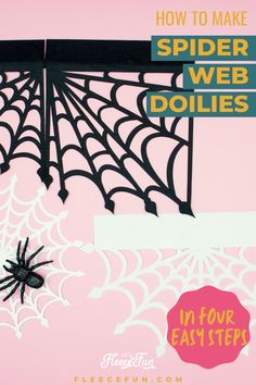 Black and white spider web doilies arranged on a pink background, with small black decorative spiders placed around them, made with fleecefun.com's free pattern and tutorial Diy Spider Web, Spider Web Svg, Diy Spider, Circle Shelf, Halloween Templates, Cricut Halloween, Cricut Free, Halloween Paper