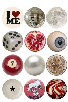 several different types of balls and magnets on a white background with the words i love me written above them