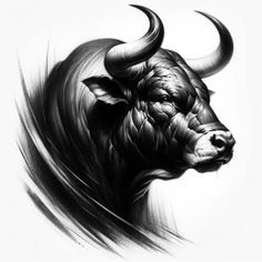 a black and white drawing of a bull's head