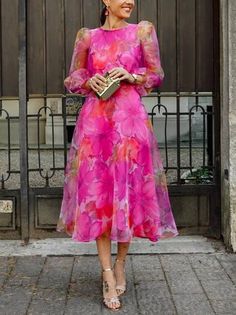 Bright pink floral dress sheer overlay Mesh Floral Dress, Organza Styles, Chiffon Long Dress, 파티 드레스, Women's Evening Dresses, Puff Sleeve Dresses, Crewneck Dress, Evening Dresses Elegant, Moda Vintage