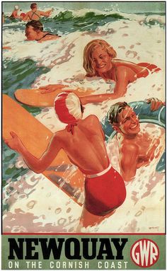 an old poster with people swimming in the ocean