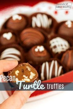 chocolate truffles in a red box with the words pecan turtle truffles