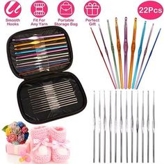 an assortment of knitting needles in a black case with pink bows and flowers on the side