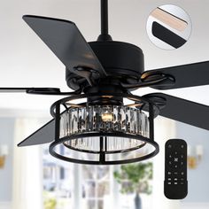 a ceiling fan with lights and remote control