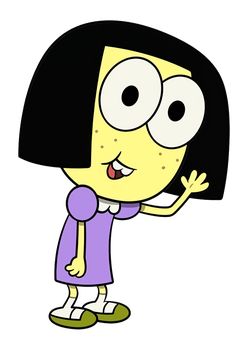 cartoon character with black hair and big eyes pointing to the left side, in purple dress