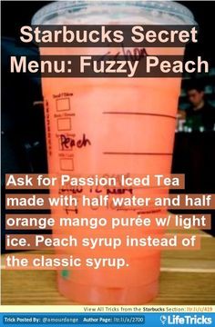 an orange plastic cup with the words starbucks secret menu fuzzy peach written on it in black