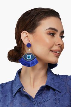 The Forever Greece Evil Eye feature a hand-beaded design with fringe detail. They are crafted in beautiful shades of blue, and are said to protect the wearer from the evil eye. Style with anything to have all eyes on you as you pose on your resort holiday or a fun night out. Handmade by artisans in India. Evil Eye Beaded Earrings Hand-beaded with Fringe Detail Crafted in beautiful colors of Blue Earrings Blue Eyes, Evil Eye Bead Earrings, Evil Eye Earrings Diy, Blue Fringed Beaded Earrings For Festival, Blue Fringe Earrings For Festivals, Party Beaded Fringe Earrings Adjustable, Blue Beaded Fringe Tassel Earrings For Festivals, Adjustable Blue Tassel Earrings For Parties, Summer Party Beaded Fringe Earrings