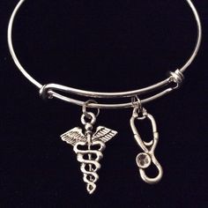 Medical Caduceus Stethoscope Silver Expandable Charm Bracelet Adjustable Bangle Gift Nurse Doctor Doctor Pendant, Doctor Pediatrician, Anesthesia School, Nursing Jewelry, Nurse Bracelet, Medical Caduceus, Nurse Jewelry, Stethoscope Charms, Nurse Rock