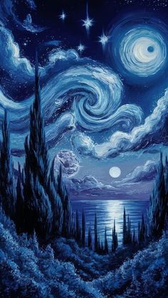 Blue Artistic Wallpaper, Space Wallpaper Drawing, A Starry Night Wallpaper, Universe Art Aesthetic, Blue Art Inspiration, Night Sky Art Wallpaper, Night Sky Bedroom Aesthetic, Aesthetic Starry Night Wallpaper, Ethereal Blue Wallpaper