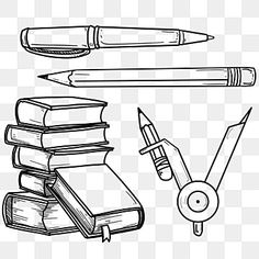 some books and pencils on top of each other, black and white clipart