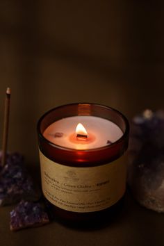 A soothing & floral fragrance; infused with Amethyst for deepening one’s connection to the unseen. We've chosen Lavender, Pine, Rosalina & Bergamot & the colour purple. ᠅ Introducing our Chakra Candles... A bespoke range inviting you to create your own sense of ritual and sacred space. Each is accompanied by a dedicated meditation, affirmation and exercise card, creating a holistic and entirely new candle experience, and made with 100% essential oils, pure soy wax and a wood wick/cotton combinat Crown Chakra Essential Oils, Reiki Candles, Meditate Candle, Incense For Chakras, Card Workout, Chakra Candle, Coconut Wax Candles, Hand Poured Candle, Crown Chakra