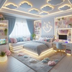 a bedroom decorated in white and pink with clouds on the ceiling, lights above the bed