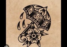 an old school tattoo design with flowers and raindrops on the side of a sheet of paper